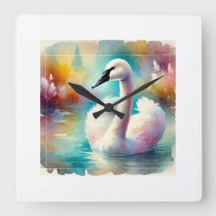 Trumpeter Swan Elegance 310824AREF120 - Watercolor Square Wall Clock