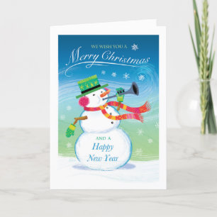 Trumpeting Snowman Merry Christmas Card