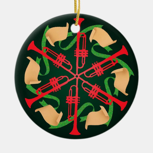 Trumpets and Ribbons Ceramic Tree Decoration (Front)