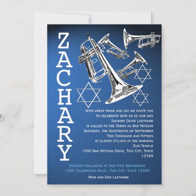 Trumpets Music Dark Blue Bar Mitzvah Invitation (Front)