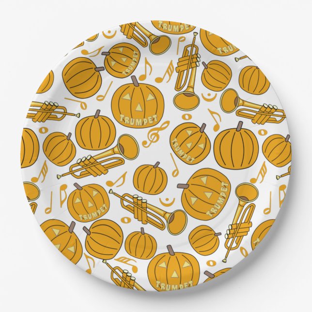 Trumpets Music Note Pumpkins Paper Plate (Front)