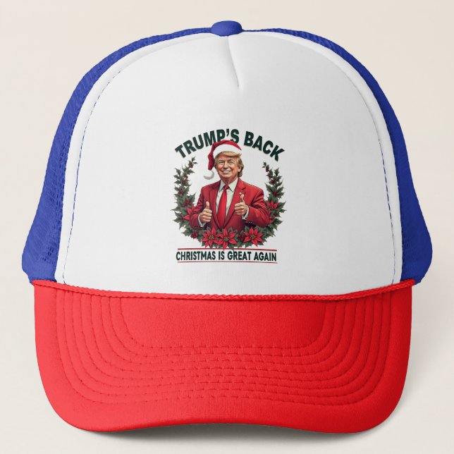 Trump's Back Christmas Is Great Again Santa Trucker Hat (Front)