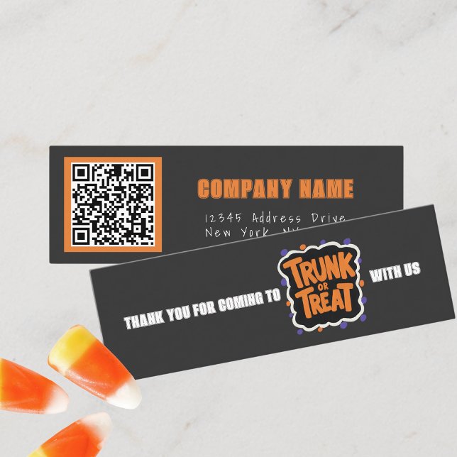 Trunk or Treat Grey Halloween Thank You Mini Business Card (Mini Dark Grey Halloween Business QR Thank You Cards for Trick or Trunk or Treating. Pack of 100)