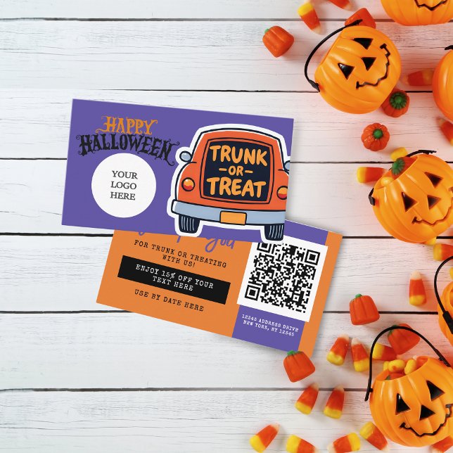 Trunk or Treat Halloween Coupon Business Card (Trunk or Treat Halloween Coupon Business Cards Pack of 100 in Orange, Purple, Grey and Black)
