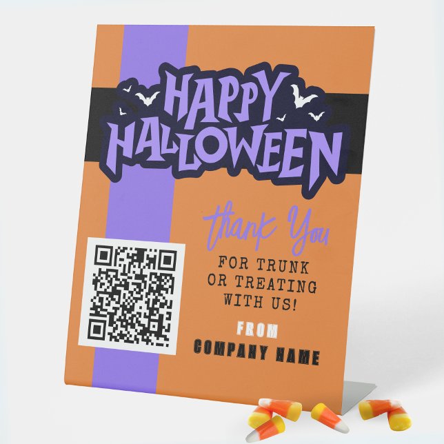 Trunk or Treat Orange Halloween Business Thank You Pedestal Sign (Halloween Trunk or Treat Standing Business QR Code Display Sign in Orange, Purple and Black)