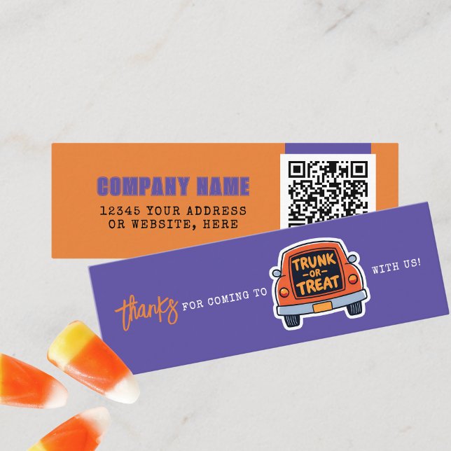 Trunk or Treat Purple Halloween Thank You Mini Business Card (Mini Halloween Trunk or Treat Business QR Thank You Cards in Purple, Orange, Black and White)