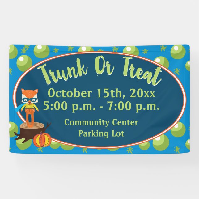Trunk or Treat With Cute Super Hero Fox Banner (Horizontal)