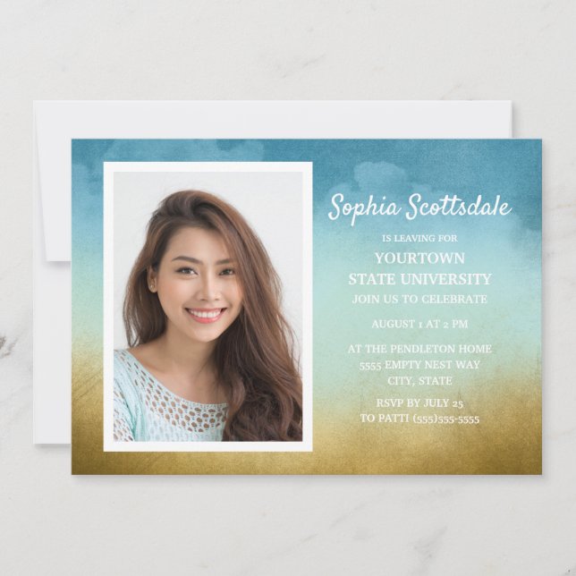 Trunk Party Dorm Shower Sky Blue Gold Photo Girl Invitation (Front)