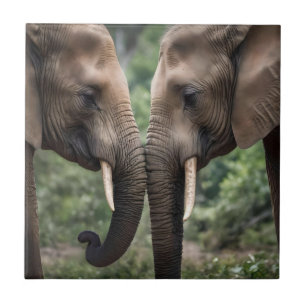 "Trunk to Trunk: A Gentle Elephant Embrace" Ceramic Tile