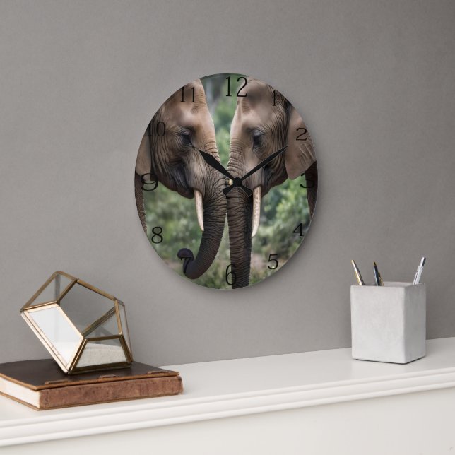"Trunk to Trunk: A Gentle Elephant Embrace"  Large Clock (Office)