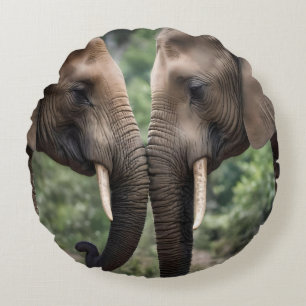 "Trunk to Trunk: A Gentle Elephant Embrace" Round Cushion