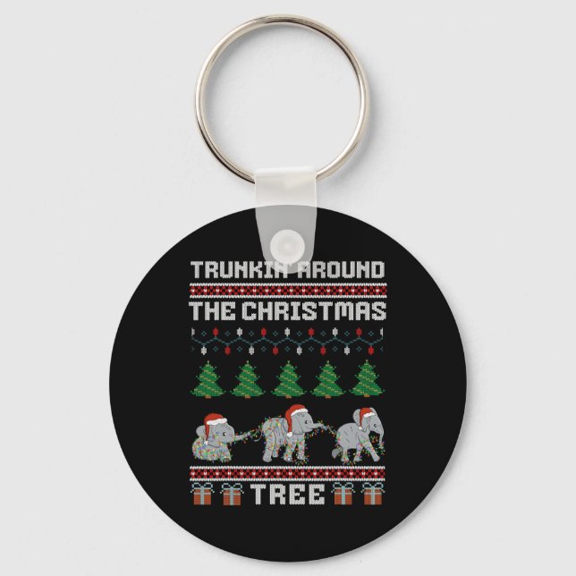 Trunkin Around The Christmas Tree Elephant Family  Key Ring (Front)