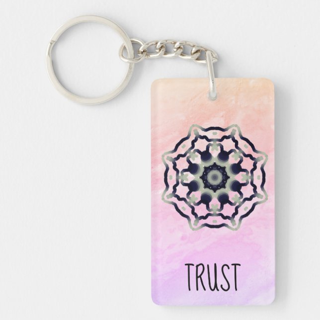 *~* "TRUST"  Black Grey Mandala Heart Chakra Pink Key Ring (Front)
