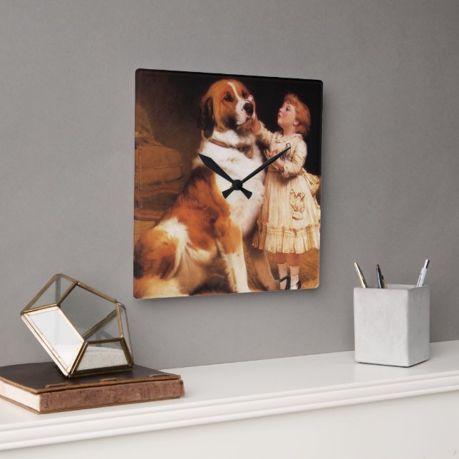 Trust by Charles Burton Barber, Saint Bernard Dog Square Wall Clock (Office)