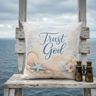 "Trust God" Coastal Beach Watercolor Christian Cushion