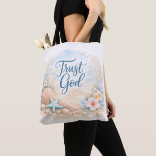 "Trust God" Coastal Beach Watercolor Christian Tote Bag