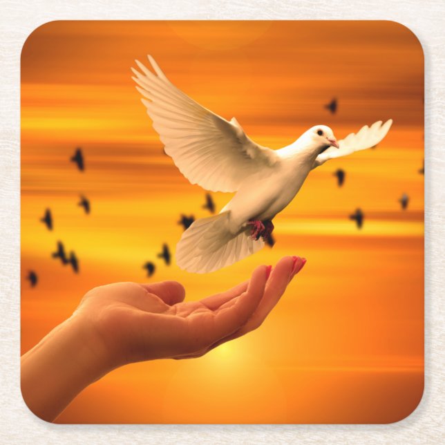 Trust God with Dove in Hand Square Paper Coaster (Front)