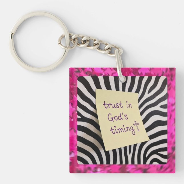 Trust in God's Timing pink glitter zebra y2k Key Ring (Front)