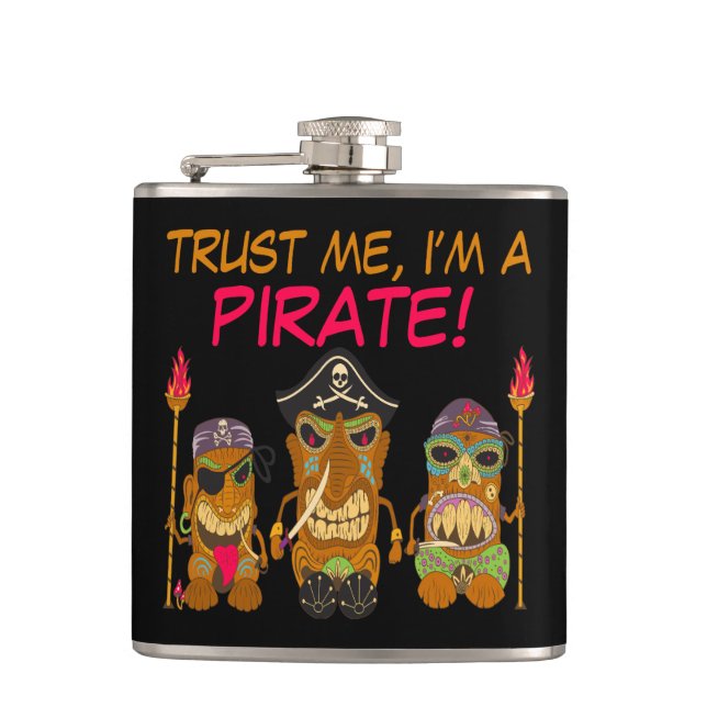 Trust Me, I'm a Pirate, Funny Tiki Pirates, Black Hip Flask (Front)