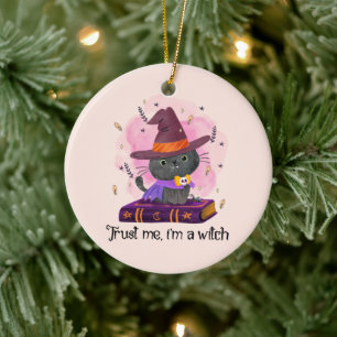 Trust Me I'm A Witch – Witch Cat on Magic Book Ceramic Ornament