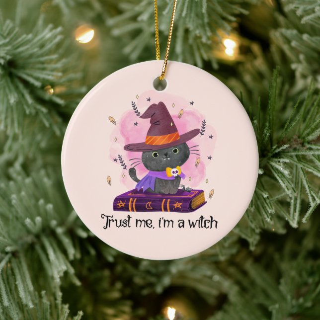 Trust Me I'm A Witch – Witch Cat on Magic Book Ceramic Ornament (Tree)