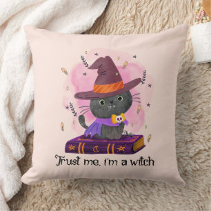 Trust Me I'm A Witch – Witch Cat on Magic Book Cushion