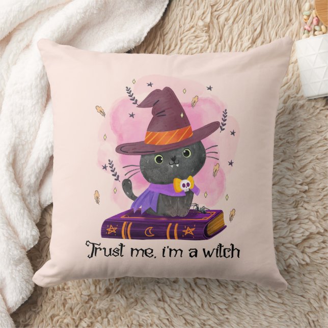 Trust Me I'm A Witch – Witch Cat on Magic Book Cushion (Blanket)