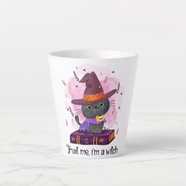 Trust Me I'm A Witch – Witch Cat on Magic Book Latte Mug (Front)