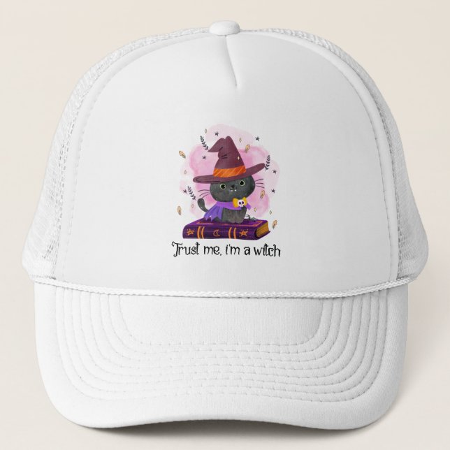 Trust Me I'm A Witch – Witch Cat on Magic Book Trucker Hat (Front)