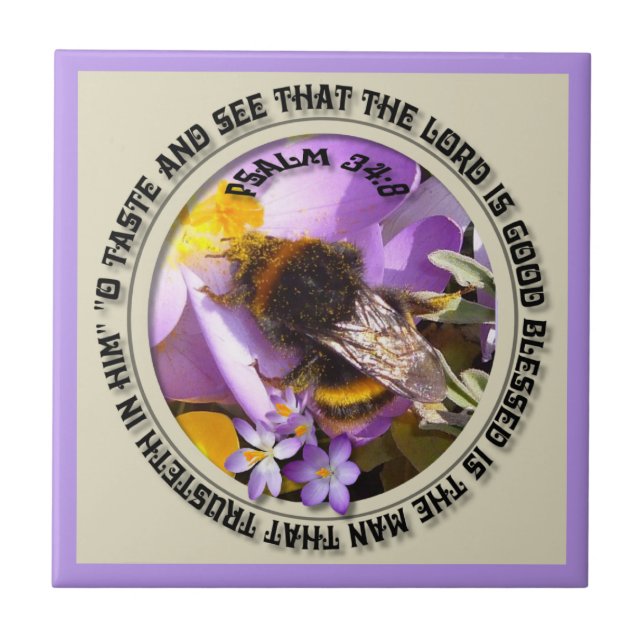 Trust the Lord, Bee on Crocus Flower Ceramic Tile (Front)
