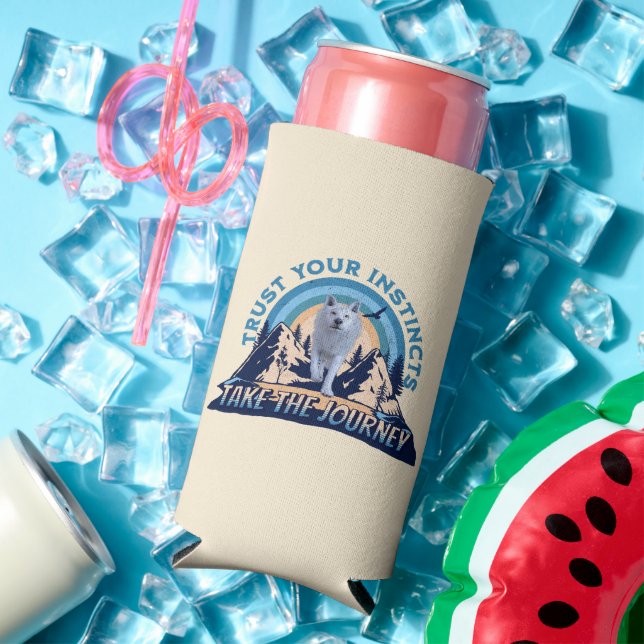 Trust Your Instincts Arctic Wolf Adventure Art Seltzer Can Cooler (In Situ Summer)