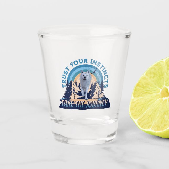 Trust Your Instincts Arctic Wolf Adventure Art Shot Glass (Front)