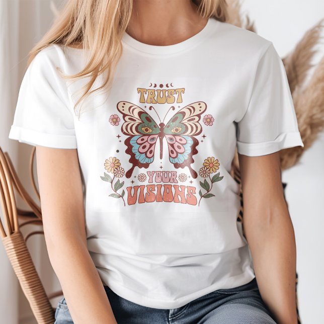 "Trust Your Vision" Boho Moth Moon Flowers T-Shirt (Young blond woman wearing a "Trust Your Vision" Boho Moth Moon Flowers T-Shirt.)