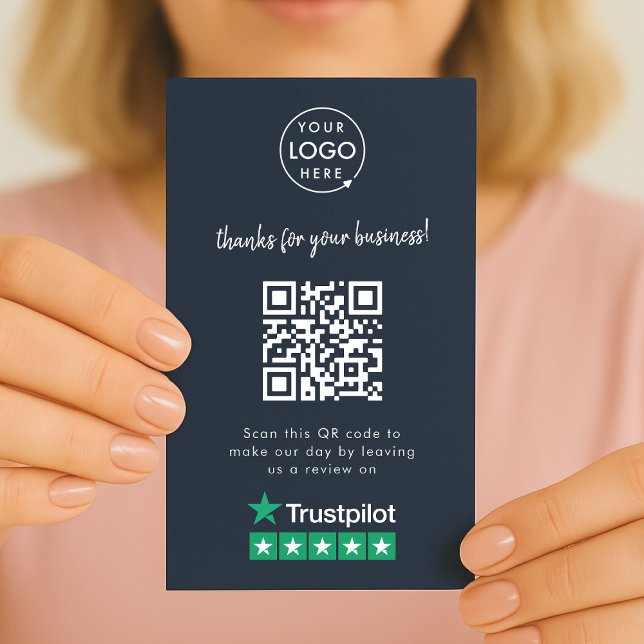 Trustpilot Review Business Thank You QR Code Navy Business Card (Gain Trustpilot reviews & grow your business with this rating request editable business card.)