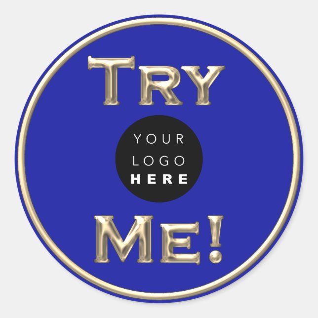 Try Me Logo Tester Sample Gold Blue Small Business Classic Round Sticker (Front)