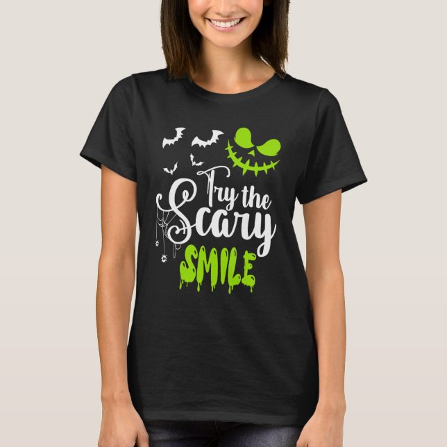 Try The Scary Smile Pumpkin Jack O Lantern Face T-Shirt (Front)