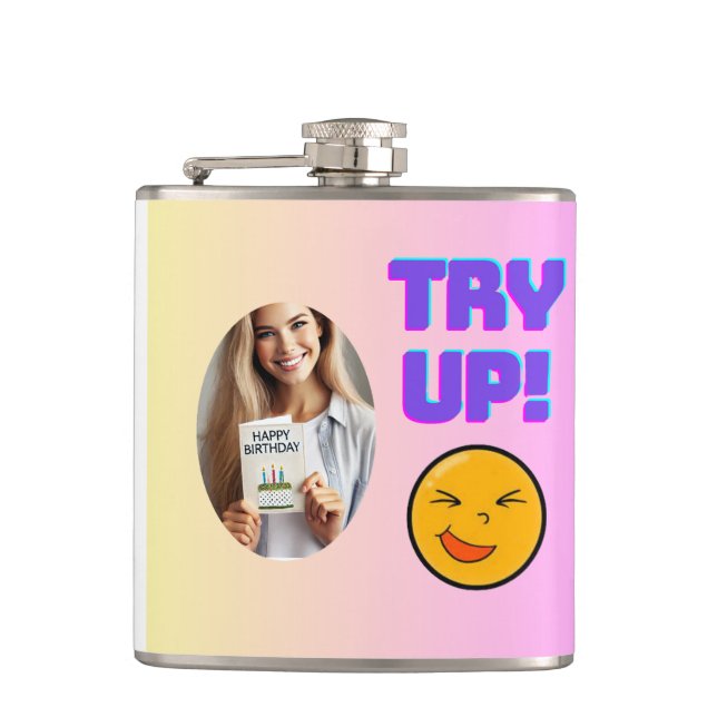 Try Up! Fun Emoji Design for Holiday Cheer Hip Flask (Front)