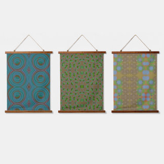 tryptic of blue and green patterns on textile hanging tapestry
