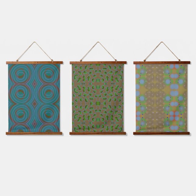 tryptic of blue and green patterns on textile hanging tapestry (Triple)