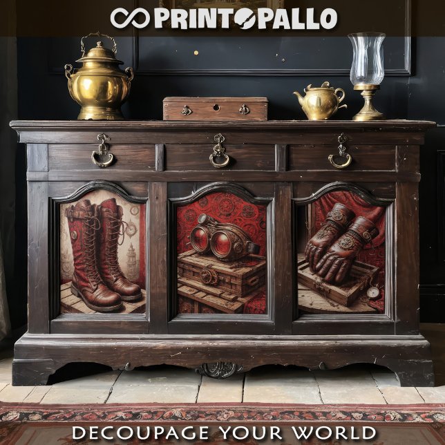 Tryptic Steampunk gloves, shoes, goggles on red -  Wrapping Paper Sheet (Creator Uploaded)