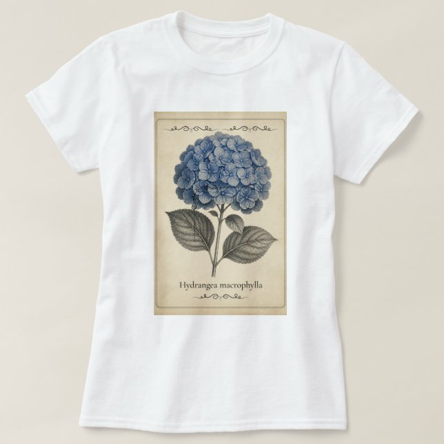 Tshirt with blue hydrangea- retro style.  (Design Front)