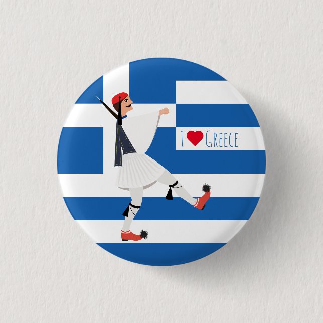 Tsolias (Evzone) with fustanella & Greek flag 3 Cm Round Badge (Front)