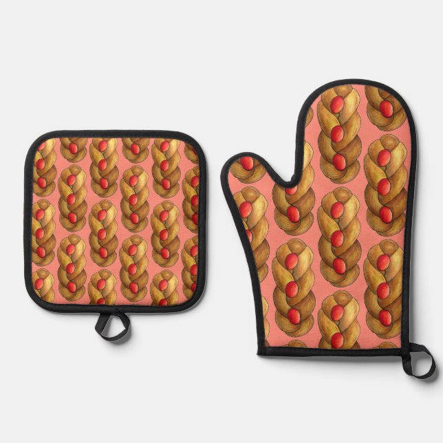 Tsoureki Greek Armenian Holiday Easter Bread Food Oven Mitt & Pot Holder Set (Front)