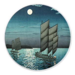 Tsuchiya Koitsu - Boats at Shinagawa, Night Ceramic Knob