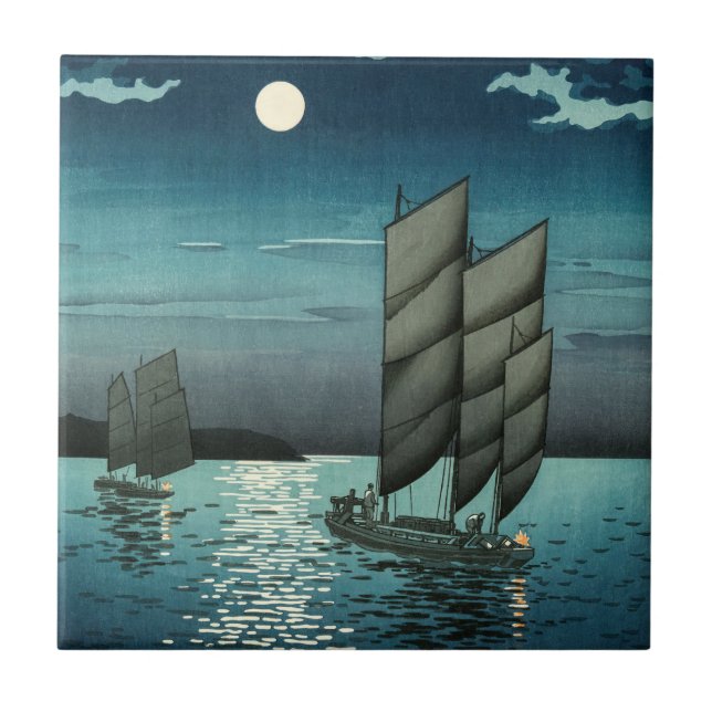 Tsuchiya Koitsu - Boats at Shinagawa, Night Ceramic Tile (Front)