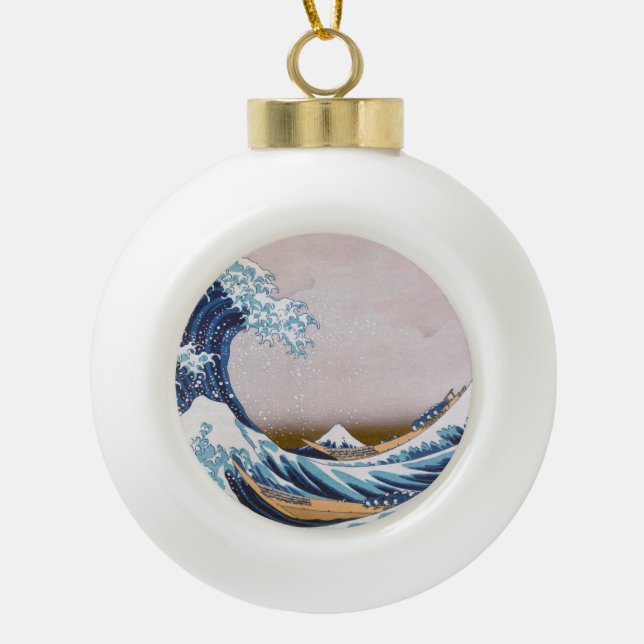 Tsunami Great Wave off Kanagawa Japan by Hokusai Ceramic Ball Christmas Ornament (Front)