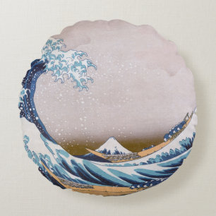 Tsunami Great Wave off Kanagawa Japan by Hokusai Round Cushion