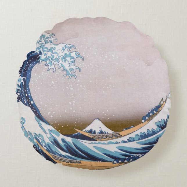 Tsunami Great Wave off Kanagawa Japan by Hokusai Round Cushion (Front)