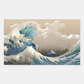 tsunami surfing rectangular sticker