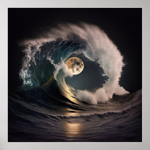 Tsunami wave in the glow of moonlight. poster